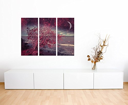 130x90cm - Keilrahmenbild Nacht Meer roter Baum 3teiliges Wandbild auf Leinwand und Keilrahmen - Fotobild Kunstdruck Artprint