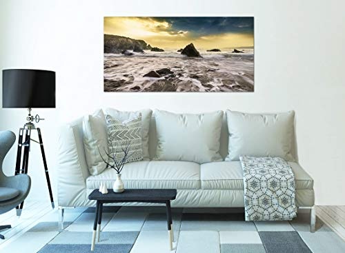 Topquadro XXL Wandbild, Leinwandbild 100x50cm, Felsen bei Sonnenuntergang, Meer, Steine - Panoramabild Keilrahmenbild, Bild auf Leinwand - Einteilig, Fertig zum Aufhängen