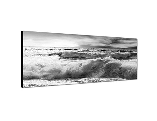 Augenblicke Wandbilder Keilrahmenbild Panoramabild SCHWARZ/Weiss 150x50cm Meer Strand Wellen Wolkenhimmel Sturm