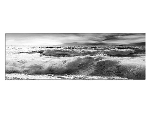 Augenblicke Wandbilder Keilrahmenbild Panoramabild SCHWARZ/Weiss 150x50cm Meer Strand Wellen Wolkenhimmel Sturm