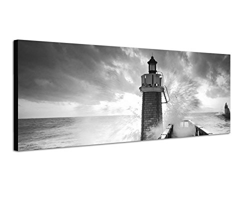 Augenblicke Wandbilder Keilrahmenbild Panoramabild SCHWARZ/Weiss 150x50cm Meer Welle Leuchtturm Steg Wolkenhimmel