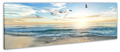 ayra-products Panoramabild Leinwandbild Keilrahmenbild Strand Meer Vögel Sonnenaufgang fertig gerahmt!! (150x50cm)