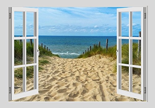 Ayra- Leinwandbild Wandbild Fensterblick Keilrahmenbild Strand Nordsee Meer- fertig gerahmt! kein Poster (90x60x2cm, weiß)