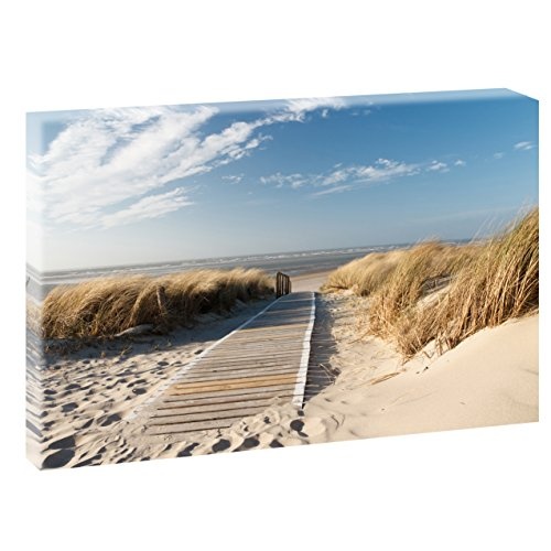 Nordseestrand auf Langeoog| V 1720301 | Aufhänger schon am Rahmen befestigt/Querfarben Bild auf Leinwand Poster Fotografie | Wandbild im XXL Format | Kunstdruck in 120 cm x 80 cm | Bild Strand Meer Wellen Brandung Sand Dühnen Steg (Farbig)