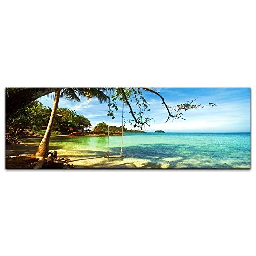 Keilrahmenbild - Tropical Beach Under Blue Sky - Thailand - Bild auf Leinwand - 120 x 40 cm - Leinwandbilder - Bilder als Leinwanddruck - Landschaften - Asien - Schaukel am Strand