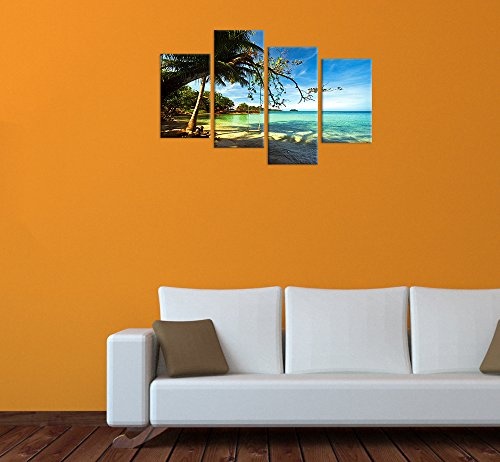 Wandbild - Tropical Beach Under Blue Sky - Thailand - Bild auf Leinwand - 120x80 cm 4 teilig - Leinwandbilder - Bilder als Leinwanddruck - Landschaften - Asien - Schaukel am Strand