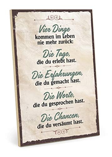 TypeStoff Holzschild mit Spruch – Vier Dinge KOMMEN NIE MEHR ZURÜCK – im Vintage-Look mit Zitat als Geschenk und Dekoration (Größe: 19,5 x 28,2 cm)