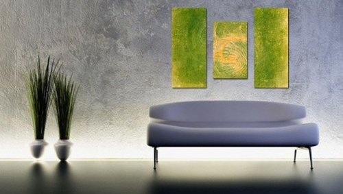 Lebensfreude - Feng shui Wandbild 100x70cm 3-teiliges Keilrahmenbild (30x70+30x50+30x70cm) abstraktes Wandbild mehrteiliger Kunstdruck im Gemälde-Stil - optisch wie handgemalt - glatte Oberfläche - Vintage