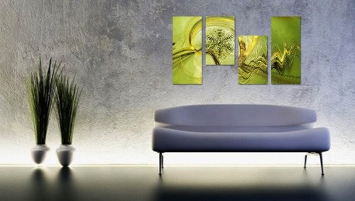 Augenblicke Wandbilder Grüne Oase - 130x70cm 4 teiliges Keilrahmenbild Kunstdruck (30x70+30x50+30x50+30x70cm) abstraktes Wandbild mehrteilig Gemälde-Stil handgemalte Optik Vintage