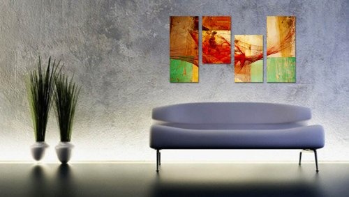 Augenblicke Wandbilder Warme Farbtöne - 130x70cm 4 teiliges Keilrahmenbild (30x70+30x50+30x50+30x70cm) abstraktes Wandbild mehrteilig Gemälde-Stil handgemalte Optik Vintage