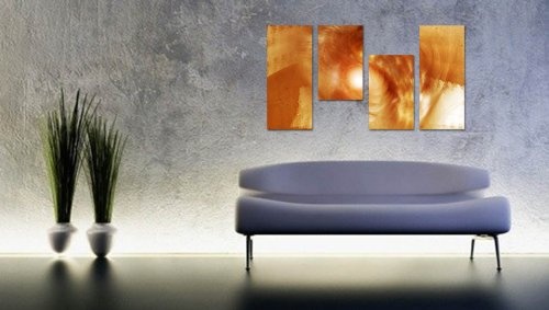Augenblicke Wandbilder Wandbild in warmen Farben 130x70cm 4 teiliges abstraktes Keilrahmenbild (30x70+30x50+30x50+30x70cm) abstraktes Wandbild mehrteilig Gemälde-Stil handgemalte Optik Vintage