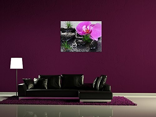 Keilrahmenbild - Zen Steine XI - Bild auf Leinwand - 120x90 cm einteilig - Leinwandbilder - Geist & Seele - Erholung - Wellness - Steine mit Gras und Orchideenblüte