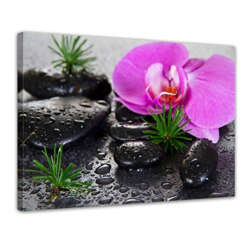 Keilrahmenbild - Zen Steine XI - Bild auf Leinwand - 120x90 cm einteilig - Leinwandbilder - Geist & Seele - Erholung - Wellness - Steine mit Gras und Orchideenblüte