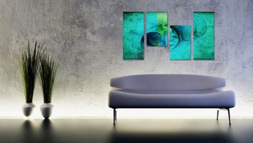 Augenblicke Wandbilder Meerblick. 130x70cm 4 teiliges Keilrahmenbild türkis (30x70+30x50+30x50+30x70cm) abstraktes Wandbild mehrteilig Gemälde-Stil handgemalte Optik Vintage