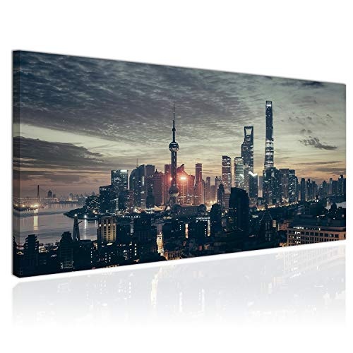 Topquadro XXL Wandbild, Leinwandbild 100x50cm, Shanghai, Lichter, Stadt und Gebäude in der Nacht, Stadtbild China - Panoramabild Keilrahmenbild, Bild auf Leinwand - Einteilig, Fertig zum Aufhängen