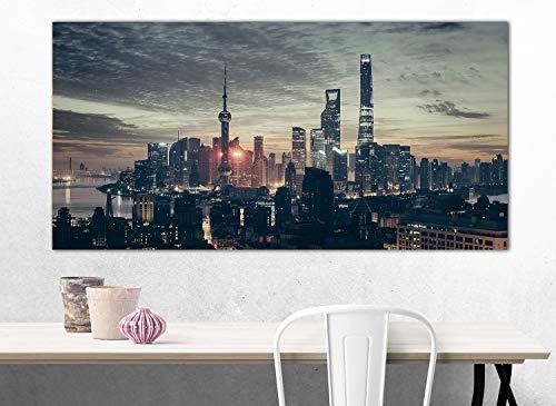 Topquadro XXL Wandbild, Leinwandbild 100x50cm, Shanghai, Lichter, Stadt und Gebäude in der Nacht, Stadtbild China - Panoramabild Keilrahmenbild, Bild auf Leinwand - Einteilig, Fertig zum Aufhängen