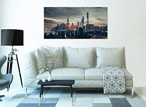 Topquadro XXL Wandbild, Leinwandbild 100x50cm, Shanghai, Lichter, Stadt und Gebäude in der Nacht, Stadtbild China - Panoramabild Keilrahmenbild, Bild auf Leinwand - Einteilig, Fertig zum Aufhängen