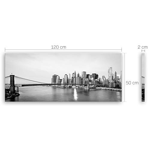 ge Bildet® hochwertiges Panorama Leinwandbild - New York City skyline und die Brooklyn Bridge - schwarz weiß - 120x50 cm einteilig 2211 F