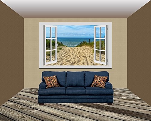 Ayra- Leinwandbild Wandbild Fensterblick Keilrahmenbild Strand Nordsee Meer- fertig gerahmt! kein Poster (100x70x2cm, weiß)