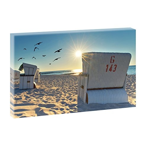 Strandkörbe am Strand | Panoramabild im XXL Format | Poster | Wandbild | Fotografie | Trendiger Kunstdruck auf Leinwand | Verschiedene Farben und Größen (120 cm x 80 cm, Farbig)