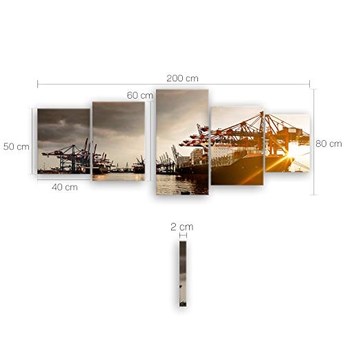 ge Bildet® hochwertiges Leinwandbild XXL - Hamburger Hafen - 200 x 80 cm mehrteilig (5 teilig) 1247