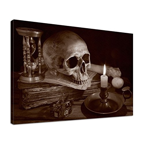 Leinwand Bild edel Gothic Totenkopf Skull Sanduhr Farbe sepia, Größe 60 x 40 cm