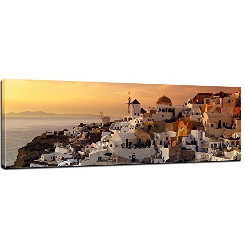 Keilrahmenbild - Santorini im Abendrot - Bild auf Leinwand - 160x50 cm - Leinwandbilder - Städte & Kulturen - Urlaub, Sonne & Meer - Griechenland - Thira - Oia - malerisch