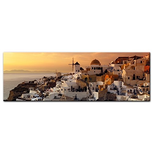 Keilrahmenbild - Santorini im Abendrot - Bild auf Leinwand - 160x50 cm - Leinwandbilder - Städte & Kulturen - Urlaub, Sonne & Meer - Griechenland - Thira - Oia - malerisch