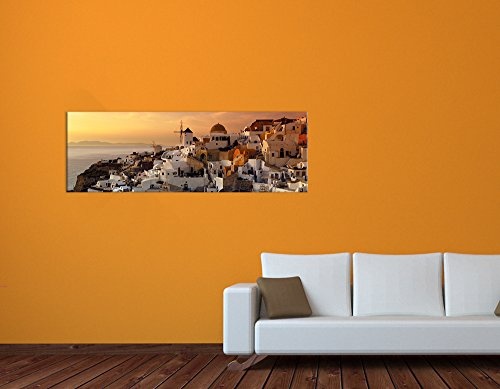 Keilrahmenbild - Santorini im Abendrot - Bild auf Leinwand - 160x50 cm - Leinwandbilder - Städte & Kulturen - Urlaub, Sonne & Meer - Griechenland - Thira - Oia - malerisch