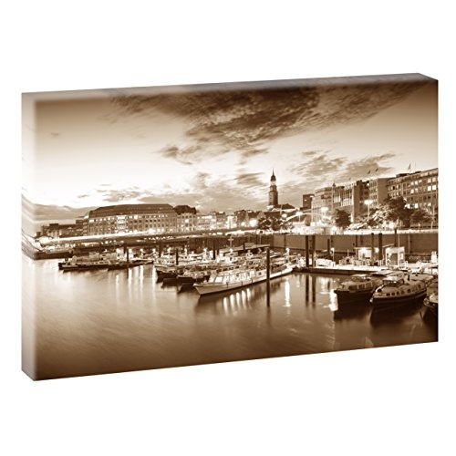 Hamburg Hafen | Panoramabild im XXL Format | Poster | Wandbild | Poster | Fotografie | Trendiger Kunstdruck auf Leinwand | Verschiedene Farben und Größen (120 cm x 80 cm, Sepia)