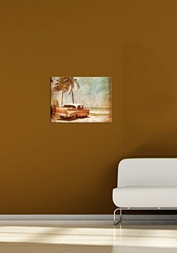 Keilrahmenbild - Resort II - Cuba Oldtimer - Bild auf Leinwand - 120x90 cm - Leinwandbilder - Urban & Graphic - Urlaub, Sonne & Meer - Oldtimer unter Palmen - Grunge