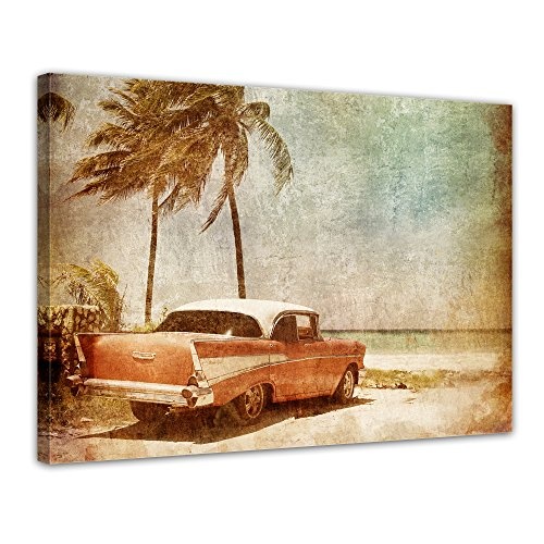 Keilrahmenbild - Resort II - Cuba Oldtimer - Bild auf Leinwand - 120x90 cm 1 teilig - Leinwandbilder - Urban & Graphic - Urlaub, Sonne & Meer - Oldtimer unter Palmen - Grunge