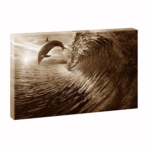 Springender Delfin | Panoramabild im XXL Format | Poster | Wandbild | Fotografie | Trendiger Kunstdruck auf Leinwand | Verschiedene Farben und Größen (120 cm x 80 cm, Sepia)