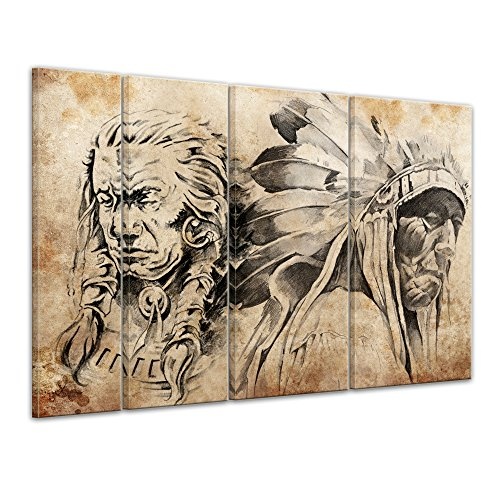 Keilrahmenbild Indianer VII, Tattoo Art - 180x120 cm...
