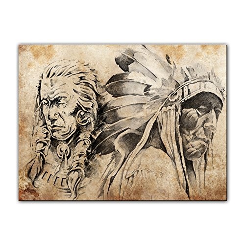 Keilrahmenbild Indianer VII, Tattoo Art - 120x90 cm LeinKeilrahmenbilder Bilder als Leinwanddruck Fotoleinwand Urban & Graphic - Amerika - Indianer in Sepia