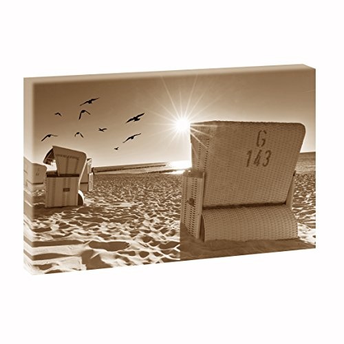 Strandkörbe am Strand | Panoramabild im XXL Format | Poster | Wandbild | Fotografie | Trendiger Kunstdruck auf Leinwand | Verschiedene Farben und Größen (120 cm x 80 cm, Sepia)