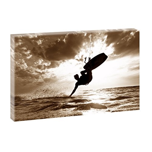 Kite Surfer | Panoramabild im XXL Format | Poster | Wandbild | Fotografie | Trendiger Kunstdruck auf Leinwand | Verschiedene Farben und Größen (100 cm x 65 cm, Sepia)