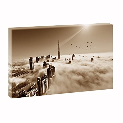 Dubai Skyline im Nebel | Panoramabild im XXL Format | Kunstdruck auf Leinwand | Wandbild | Poster | Fotografie | Verschiedene Formate und Farben (100 cm x 65 cm , Sepia)