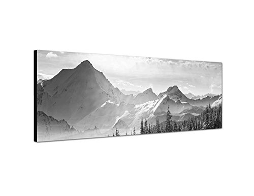 Augenblicke Wandbilder Keilrahmenbild Panoramabild SCHWARZ/Weiss 150x50cm Berge Wald Schnee Wolken Sonnenstrahlen