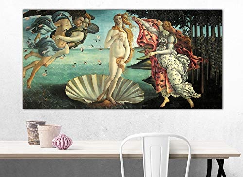 XXL Wandbild, Leinwandbild 100x50cm, Die Geburt der Venus, Göttin der Liebe und Schönheit, Renaissance - Botticelli - Panoramabild Keilrahmenbild, Bild auf Leinwand - Einteilig, Fertig zum Aufhängen
