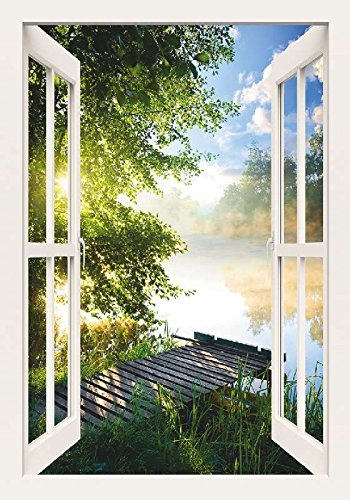 Artland Qualitätsbilder I Bild auf Leinwand Leinwandbilder Wandbilder 70 x 100 cm Landschaften Gewässer Foto Grün C8UR Angelsteg am Fluss am Morgen Fensterblick