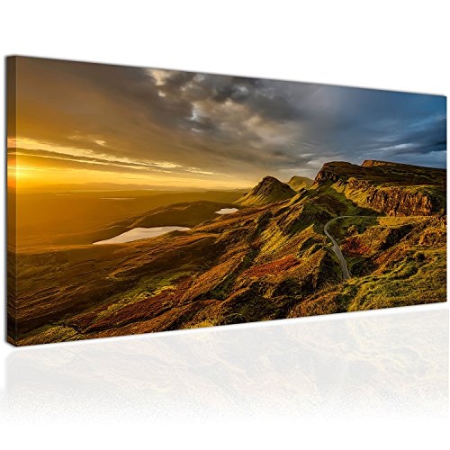 XXL Wandbild, Leinwandbild 100x50cm, Berge und Hügel in Schottland, Herbst und Landschaft bei Sonnenuntergang - Panoramabild Keilrahmenbild, Bild auf Leinwand - Einteilig, Fertig zum Aufhängen