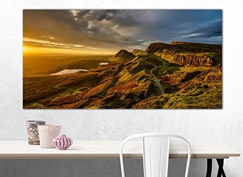 XXL Wandbild, Leinwandbild 100x50cm, Berge und Hügel in Schottland, Herbst und Landschaft bei Sonnenuntergang - Panoramabild Keilrahmenbild, Bild auf Leinwand - Einteilig, Fertig zum Aufhängen