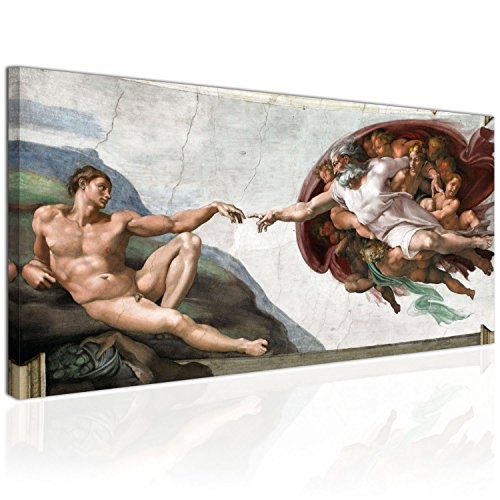 XXL Wandbild, Leinwandbild 100x50cm, Die Erschaffung Adams - Michelangelo Italienische Renaissance, klassischer Stil - Panoramabild Keilrahmenbild, Bild auf Leinwand - Einteilig, Fertig zum Aufhängen