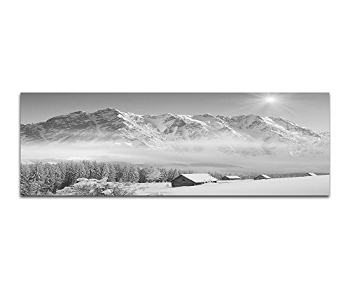 Keilrahmenbild Panoramabild SCHWARZ / WEISS 150x50cm Winterlandschaft Berge Wald Häuser Schnee