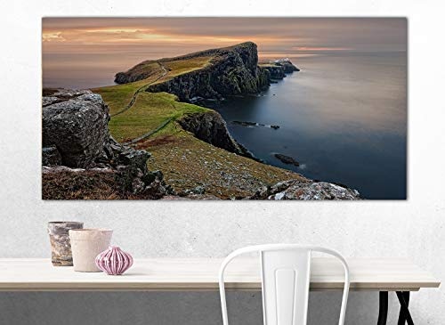 Topquadro XXL Wandbild, Leinwandbild 100x50cm, Leuchtturm an der Küste in Schottland - Meer bei Sonnenuntergang - Panoramabild Keilrahmenbild, Bild auf Leinwand - Einteilig, Fertig zum Aufhängen