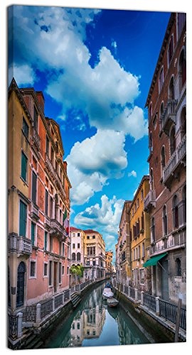 XXL Wandbild, Leinwandbild 100x50cm, Farbige Gasse in Venedig, Wasserweg in Italien - Altstadt und Städte am Meer - Panoramabild Keilrahmenbild, Bild auf Leinwand - Einteilig, Fertig zum Aufhängen