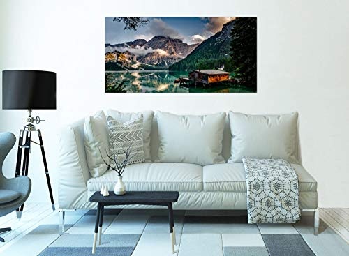 XXL Wandbild, Leinwandbild 100x50cm, Hütte in den Dolomiten mit Blick auf Berge und See - Natur und Landschaft - Panoramabild Keilrahmenbild, Bild auf Leinwand - Einteilig, Fertig zum Aufhängen