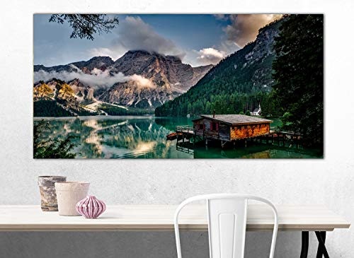 XXL Wandbild, Leinwandbild 100x50cm, Hütte in den Dolomiten mit Blick auf Berge und See - Natur und Landschaft - Panoramabild Keilrahmenbild, Bild auf Leinwand - Einteilig, Fertig zum Aufhängen