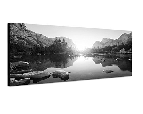 Augenblicke Wandbilder Keilrahmenbild Panoramabild SCHWARZ/Weiss 150x50cm Yosemite Berge Wald Fluss Sonnenaufgang